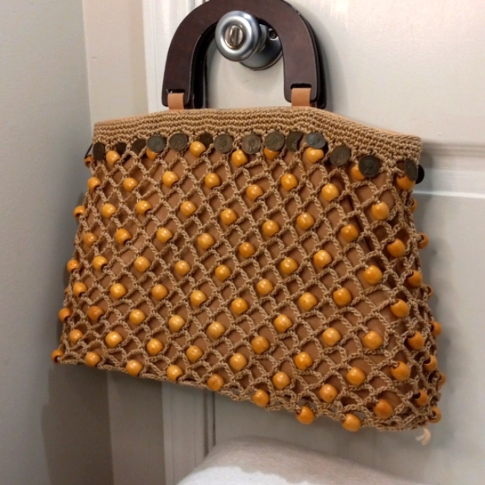 Vintage YK2 The Sac Original Crochet Wooden Beaded & Coin, Hand Bag